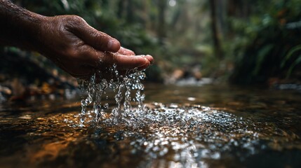 Hands letting water fall back into stream, forest blur behind