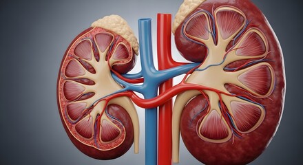 Cross section of two kidneys with blood vessels and internal structures on a gray background