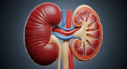 A detailed anatomical illustration of a kidney with its internal structure and blood vessels shown clearly