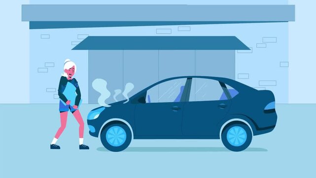Sad Woman Crying Outside Grocery Store After Car Breakdown &mdash; Smoking Engine and Damaged Vehicle Animation