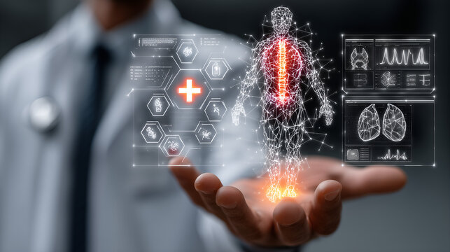Doctor Holding Holographic Human Body: A doctor extends his hand, presenting a holographic representation of the human body, surrounded by medical icons.