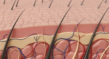 A detailed cross section of human skin showing hair follicles and blood vessels in the dermis layer