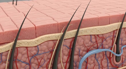 Close up view of human skin layers with hair follicles and blood vessels in detailed illustration