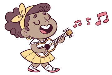 Vector cute Baby Girl cartoon character playing a tiny ukulele with a musical note floating isolated on white background