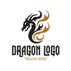 Dynamic Black Dragon with Gold Fire Logo for Fantasy and Royal Branding Identity
