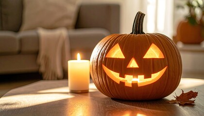 Jack-o'-lantern on coffee table