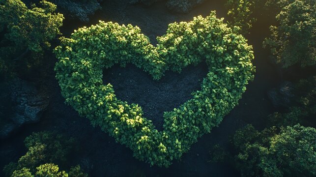 Heart shaped tree aerial view love nature green environment valentine romance forest conservation earth day silhouette