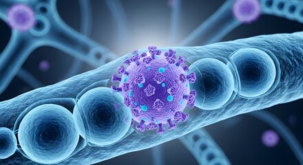 A purple virus cell surrounded by blue cells and structures in a microscopic environment view image