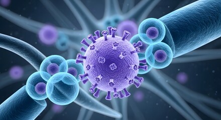 Microscopic view of virus cell with spikes among cells and tube like structures in blue and purple hues