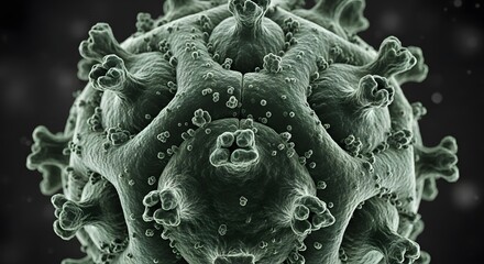A detailed close up of a green virus cell with spikes and bumps on a dark blurred background