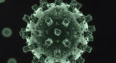 A detailed microscopic view of a green virus particle against a dark background with visible spikes