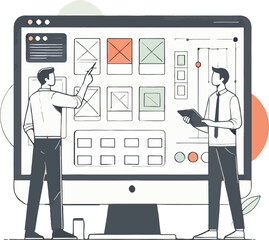 Two business professionals reviewing web design mockups on a large computer display