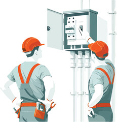 Two electricians inspecting electrical panel box and performing maintenance work together