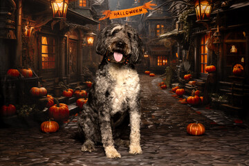 Naklejka premium Curly Dog Sitting on Halloween Street with Pumpkins and Lights