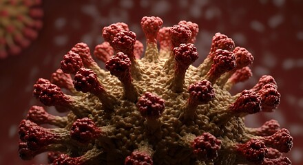 A detailed close up of a virus cell with red spikes on a beige body against a blurred red background