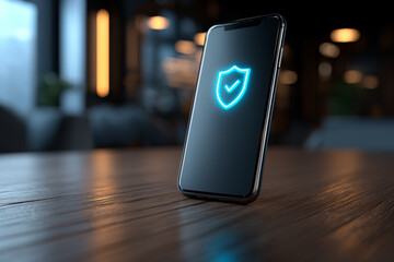 mobile phone with shield icon, antivirus protection, privacy and data safety concept