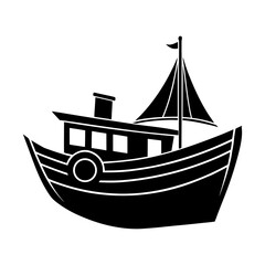 Silhouette of a fishing boat with a sail and a cabin on a white background
