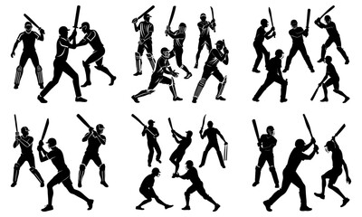 Silhouettes of cricket players in various batting and fielding poses