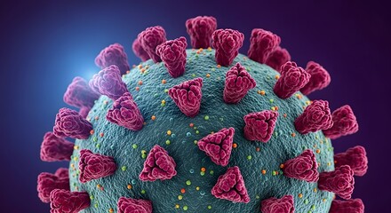 A detailed close up of a coronavirus cell structure with spikes and surface granules on a dark background