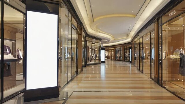 Blank Digital Advertising Display in Modern Shopping Mall Interior with Bright Lighting and Reflections
