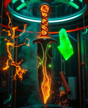 "Born from the fiery heart of molten lava and the calm essence of green crystal, this sword radiates both destruction and life. Its burning black edge carries the fury of volcanoes, while veins of lum