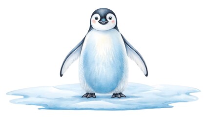 Fototapeta premium Cute watercolor penguin standing on ice floe