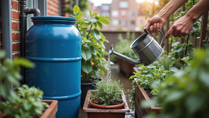 Obraz premium Ultra-realistic photo of rainwater harvesting at home, showing water trickling into a rain barrel in a small urban yard. Hands use collected water to nourish plants, showcasing water conservation and 