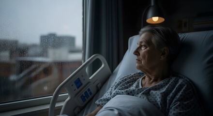 Elderly woman in hospital bed looking out rainy window with buildings in the background and lamp overhead
