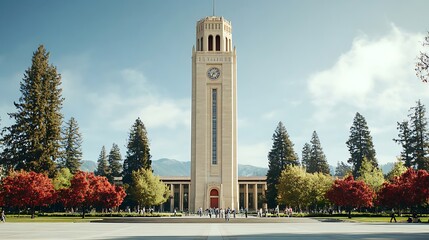 A tall clock tower stands in a university campus.
