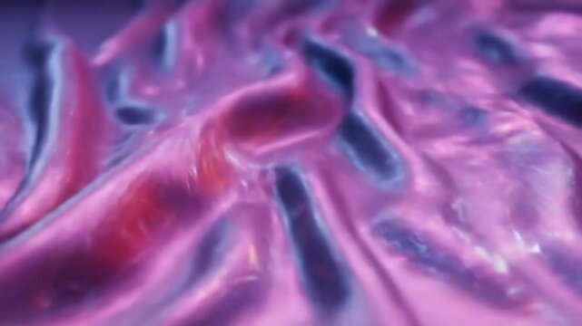 Iridescent silk fabric macro, undulating folds, vibrant color gradients, gentle wave motion