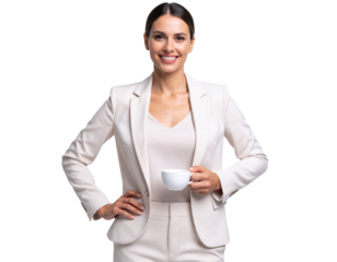 Professional Woman Holding Coffee Cup – Relaxed Business Casual Look, Transparent Background