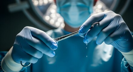 Surgeon in scrubs holding surgical tool with water droplets in bright operating room setting view