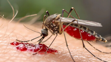 Mosquito biting skin close up macro shot of insect blood sucking disease vector pest control health risk
