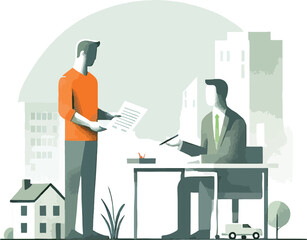 Real estate agent discussing property documents with a client in office setting