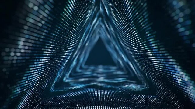 Abstract triangle tunnel with glowing dots leading into a dark blue space