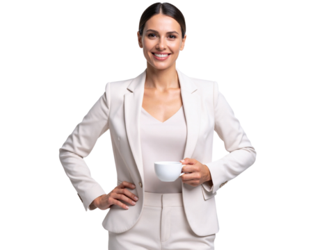 Professional Woman Holding Coffee Cup – Relaxed Business Casual Look, Transparent Background