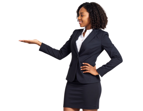 Business Woman Giving Presentation – Pointing at Imaginary Chart, Transparent Background - Powered by Adobe