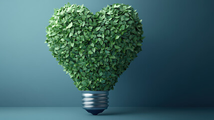 heart shape lightbulb made by green lush leaves isolated on blue background with copy space, idea of earth day, green energy, ESG, CSR, sustainable life.	