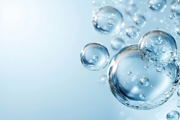 Transparent bubbles floating in clear water against a light blue background, showcasing purity and fluidity.