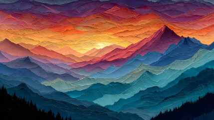 Vibrant sunset over abstract mountain peaks, layers of warm and cool colors, HD realistic