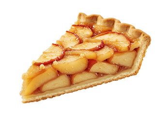 Slice of apple pie featuring layers of glazed apples in a pastry crust against a black background