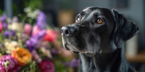 Obraz premium Adorable Black Labrador Dog in Wedding-Inspired Indoor Setting