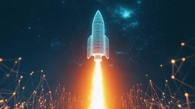Futuristic rocket launch with digital connections against a starry night background creating a