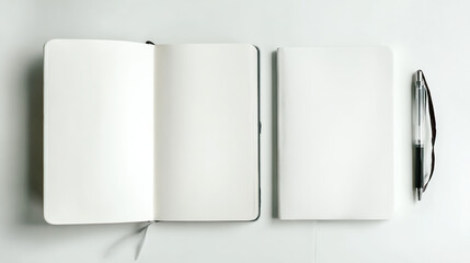 Minimalist table with an empty notebook and pen, softly lit from above on a clean white background.