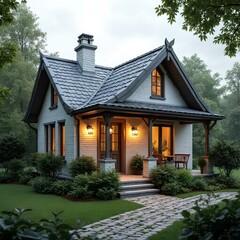 Naklejka premium Cozy charming cottage with glowing windows nestled in a lush green forest