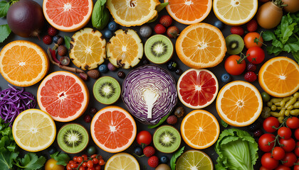 A vibrant, seamless pattern of fresh citrus fruit slices like orange, lemon, lime, and grapefruit creates a healthy, juicy food background