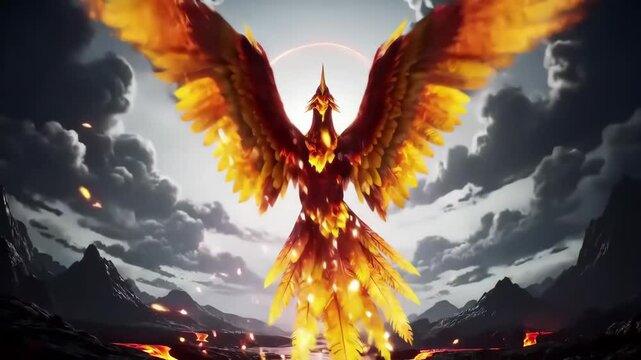 Epic phoenix rebirth over volcanic mountains, fiery ascent, cinematic hyperrealism