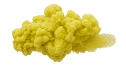 A vibrant cloud of yellow smoke billows against a stark black backdrop creating a dreamy scene