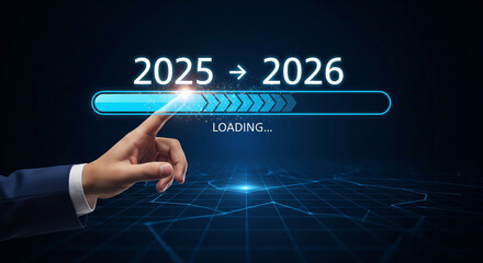Futuristic concept of time passing: a hand interacts with a "Loading" bar moving towards the year 2026 from 2025