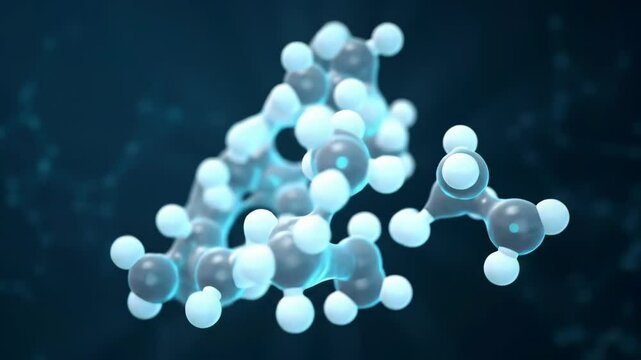 Molecular structure model with blue glow on a dark background.